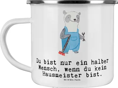 Produktbild von Mr. & Mrs. Panda Haferl Hausmeister Herz - Weiß - Geschenk, Must Have, Kaffeepott, becher emaille, Lustig, Hausverwalter, Outdoor, Pott, Tasse, Teetasse, Spruch