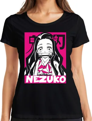 Zdjęcie produktu dla Koszulka damska z motywem Nezuko z anime „Demon Slayer” – dla fanów anime, w stylu otaku, z motywem kimono w kolorze różowym, nawiązująca do mangi, kolor czarny, rozmiar XL
