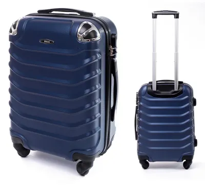 Two views of a dark blue suitcase on a white background.