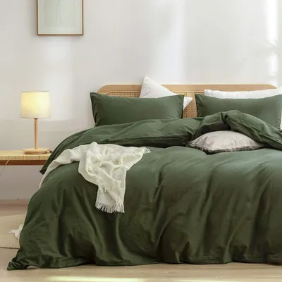 Productafbeelding van Solidchoice - Duvet Cover Set 100% Gewassen Katoen 3-delig in Olijfgroen