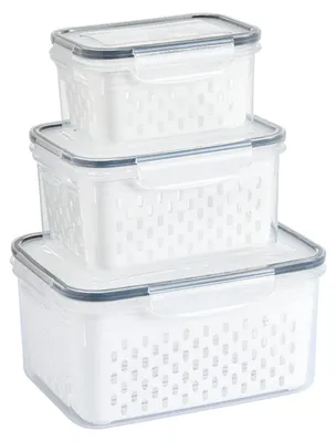 Obstaufbewahrungsbehälter, 3er-Set, transparent, mit Sieb, Kühlschrank-Organizer
