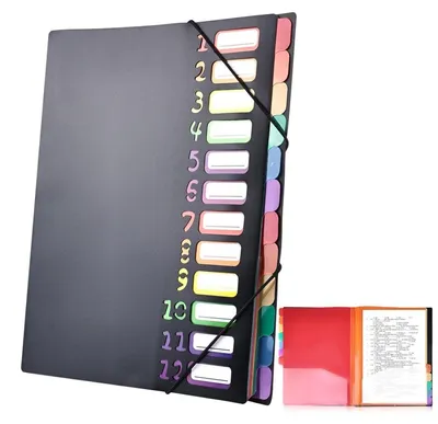 Zdjęcie produktu dla Segregator A4 z 12 przegródkami, wykonany z tworzywa PP, wodoodporny, wymiary: 320x250x15 mm