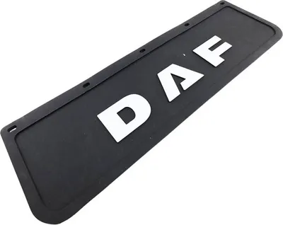 A close-up, angled shot of a black truck mudguard with white 'DAF' lettering.