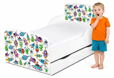 Produktbild von Bayagu Weißes Kinderbett 140x70cm mit Matratze Schublade und Lattenrost Aliens