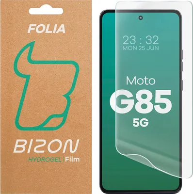 A product shot showing the packaging and the hydrogel screen protector applied to a smartphone.