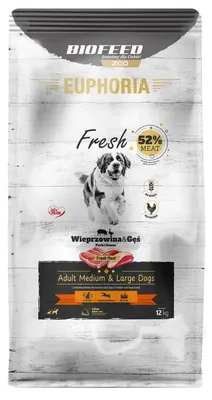 Productafbeelding van BIOFEED Euphoria droogvoer voor honden, medium en groot, met varkens- en ganzenaroma, 12 kg