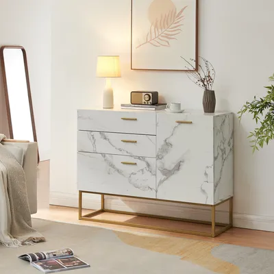 Produktbild von Sideboard 'Lavangen' mit einer Tür und 3 Schubladen 75 x 100 x 35 cm Marmoroptik, weiß
