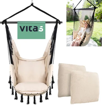A collage showing a hanging chair and a person relaxing in one outdoors.