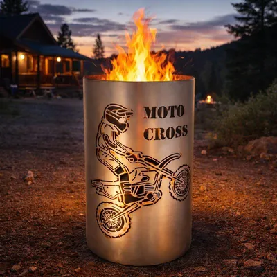 Produktbild von TiKo-Design® Feuertonne Moto Cross aus Stahl – Feuerkorb mit Motorradfahrer Motiv für Garten & Terrasse