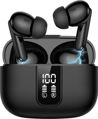 A pair of black wireless earbuds in their charging case, with a digital display showing battery status.