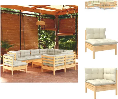 Produktbild von vidaXL 10-tlg. Garten-Lounge-Set mit Creme Kissen Massivholz Kiefer -  Gartenmöbel-Sets
