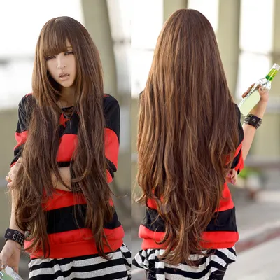 Produktbild von Frauen 80cm Mode lange lockige gewellte Art Cosplay Vollhaar Perücke mit ordentlichen Pony