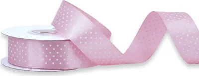 Einseitig glänzendes, weiß gepunktetes rosanes Satinband auf Rolle. Perfekt für Bastelprojekte und Geschenkverpackungen
