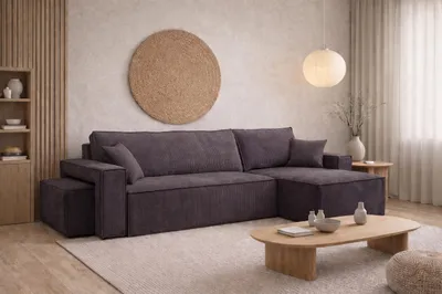 Image de Canapé d'angle Kaiser Möbel avec fonction convertible et pouf, revêtement en tissu Cord Poso, gris foncé, côté droit, modèle BEST L avec pouf