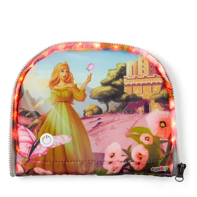 A close-up of a child's accessory with a princess and castle illustration, featuring LED lights.
