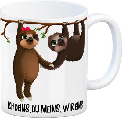 Produktbild von Kaffeebecher mit Faultier Pärchen Motiv und Spruch: Ich deins, du meins, wir