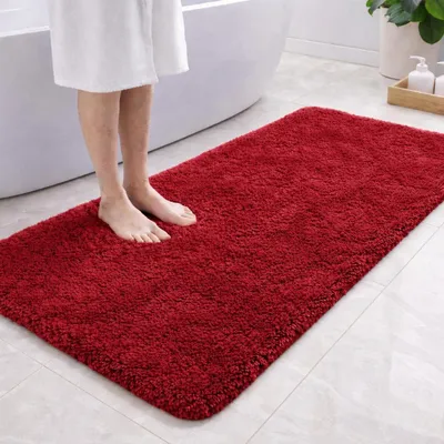 Image de Tapis de bain en microfibre, 120 x 60 cm, rouge vif, absorbant, pelucheux, avec dos en TPR, lavable en machine