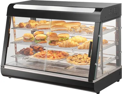 Obrázek produktu pro VEVOR 3stupňový ohřívač potravin pro komerční účely, 1500 W Ohřívač potravin s osvětlením, nastavitelnou policí a ukazatelem teploty, ohřev páry 30 ℃ - 85 ℃, 130 l pro hamburgery, pizzu, chléb, pečené kuře