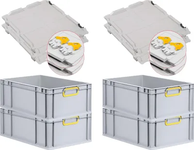 Produktbild von SuperSparSet 4x Eurobox NextGen Color mit Scharnierdeckel und Schiebeschnappverschlüssen | HxBxT 22x40x60cm | 44 Liter | Grau | Griffe gelb geschlossen | Verstärkter Boden | Eurobehälter, Transportbox, Transportbehälter, Stapelbehälter