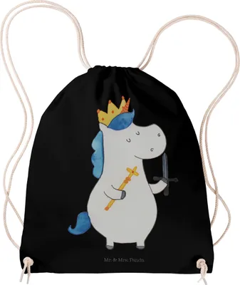 Produktbild von Mr. & Mrs. Panda Turnbeutel Einhorn König mit Schwert - Schwarz - Geschenk, wander rucksack, Unicorn, Mittelalter, sporttasche klein, gym, Stoffbeutel, Jutebeutel, Beutel