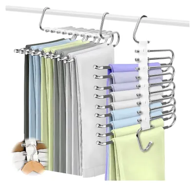 Produktbild von 2er Set Hosenaufhängungen, platzsparende 9-in-1 Hosenbügel aus Edelstahl, faltbare und rutschfeste Kleiderbügel für Hosen und Kleidung (Grauweiß)