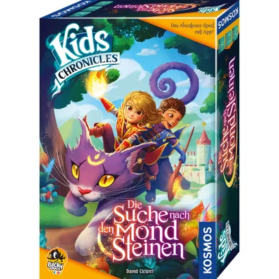 The image shows the front and side of a board game box for 'Kids Chronicles - Die Suche nach den Mondsteinen'.