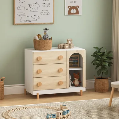 Produktbild von Kinderkommode 'Vaarentaa' 79 x 41 x 66 cm mit 3 Schubladen und 2 offenen Fächern Holzbeine Weiß/Eicheoptik