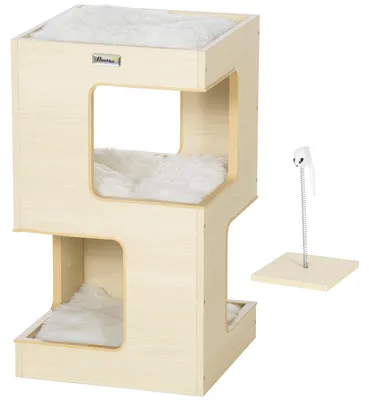Produktbild von PawHut Katzenhöhle, Katzenhütte, 3-stufiger Katzenschrank mit Kissen, Eiche