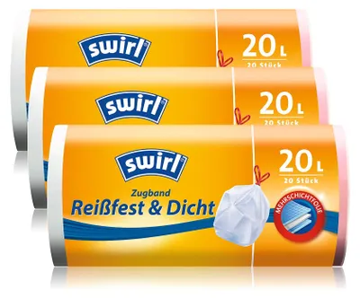 Produktbild von Swirl Zugband-Müllbeutel, 20 Liter, 3 Rollen mit je 20 Beuteln, Weiß
