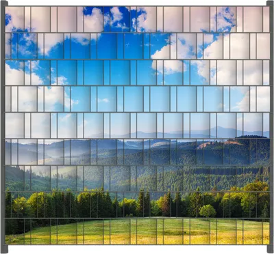 Produktbild von Wallario Zaunsichtschutz mit Motiv Berglandschaft im Gebirge unter blauem Himmel für Ein- und Doppelstabmatten Zäune in der Größe 200 x 180 cm