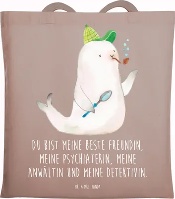 Produktbild von Mr. & Mrs. Panda Tote Bag Robbe Sherlock - Braun Pastell - Geschenk, festivaltasche, Schultasche, Unitasche, Tasche, Uni, Lustige Sprüche