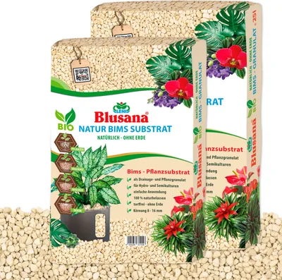 Produktbild von Blusana Bims Pflanzsubstrat 35 Liter Kombi-Gebinde grobe Körnung 8-16mm Vulkangestein mineralisch für Drainage Hydrokultur Zimmerpflanzen Balkon Terrasse Garten
