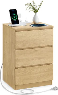 Produktbild von VASAGLE Nachttisch, Beistelltisch, 3 Schubladen, abgeschrägte Kante, 2 AC-Steckdosen, 2 USB-Anschlüsse