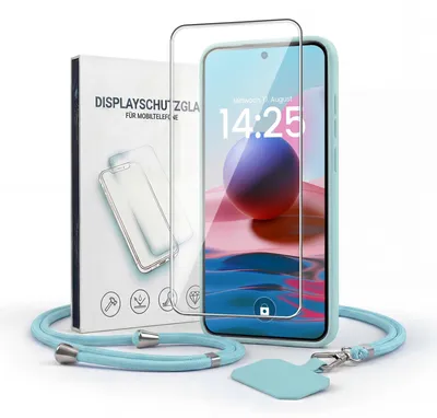 Produktbild von Handyhülle für Xiaomi Redmi Note 10 mit Handykette und 9H Displayglas Displayschutz Band Kordel Hülle Case Schutzhülle Hellblau