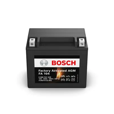 A black Bosch battery with a white label showing product information and logos, set against a white background.