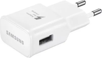 A white Samsung fast charging USB-A adapter is shown from a slightly elevated side angle against a white background.