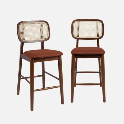 Produktbild von sweeek - 2er-Set Vintage Barhocker aus Heveaholz mit Rattan-Geflecht und Stoffbezug - Nussbaumfarben