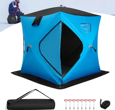 Obrázek produktu pro Pop-up stan COSTWAY pro rybaření na ledu, přenosný ochranný stan pro 1-2 osoby s polstrovanými stěnami z bavlny, okny, dveřmi na zip a taškou na přenášení Blue