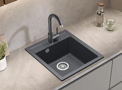 Produktbild von Helika® Granitspüle NOVA 46 x 51 cm in Grafit inkl.  Chromventil und Siphon, Einbau