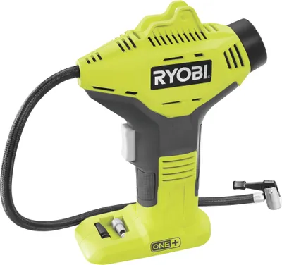 A Ryobi battery-powered air compressor is shown against a white background.