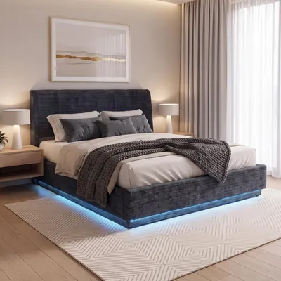 Image de Lit rembourré LED "Tröstiar" avec coffre de rangement, tissu lin, 160 x 200 cm, bleu