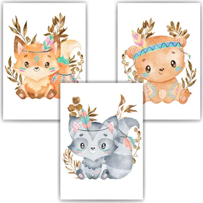 Produktbild von Niedliche Indianer Tiere 3er Set DIN A4 Kinderzimmer Wandbilder Babyzimmer Poster Dekoration