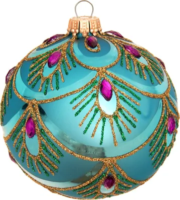 Produktbild von Krebs Glas Lauscha 6er Set türkise Weihnachtsbaumkugeln aus Glas - mit Pfauenfederdesign - ca. 8 cm