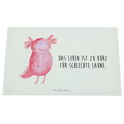 Produktbild von Mr. & Mrs. Panda Schneidebrett Aus Glas Axolotl Glücklich - Weiß - Geschenk, Motivation, Lurch, gut Gelaunt, Lebensfroh, Motivationsspruch, Glasbrettchen, schneidbrett