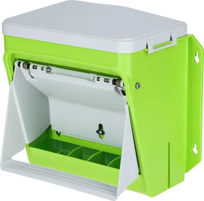 Produktbild von Futterautomat KERBL Smart Coop Futterautomat mit Trittklappe für ca. 7,5 kg, 10 l Geflügelfutter, Hühnerfutter grün weiß