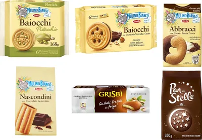 Produktbild von 5x Mulino Bianco Kekse testpaket Nascondini Baiocchi Pistacchio Pan di stelle + Matilde Vicenzi Grisbi Pistacchio 150g