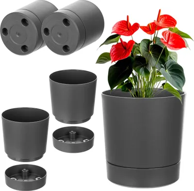 Image de KADAX Pot de fleurs avec soucoupe AURA 200, recyclé, anthracite, lot de 2