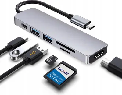 Zdjęcie produktu dla Adapter 6w1 HUB USB-C HDMI 4K SD Macbook Pro / Air