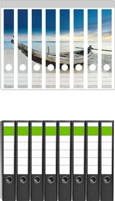 Produktbild von Wallario 8 Stück schmale Ordner inkl. Klebeetiketten mit Motive Fischerboot am Strand mit Sonnenuntergang -  Set mit Rückenschildern / Ordnerrücken Stickern