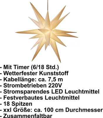 Produktbild von XXL Ø 100 cm 3D Leuchtstern / Weihnachtsstern mit warm-weißer LED Beleuchtung und Timer / für Innen und Außen geeignet (IP44) / hängend / 7,5 m Zuleitung (weiß)